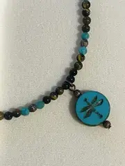 New Tiger’s Eye & Amazonite Beaded Necklace With Teal Czech Dragonfly Pendant