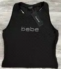Bebe Ribbed Rhinestone Bling Logo Tank Top Stretchy Jet Black Size XL NEW