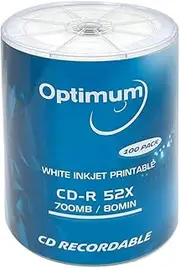 OPTIMUM CD-R Blank Disc 700MB 52X Moisture Resistant White Inkjet Hub Printable Recordable Media - 100 Discs (no Container) Blank CDs for Music Audio Data