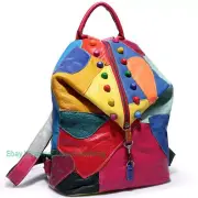 Womens Leather Handbag Backpack with Colorful Pattern Patchwork Travel Backpack