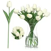 20 Pcs Artificial Flowers with Vase, 14 inch Faux Tulip Flowers Cream White