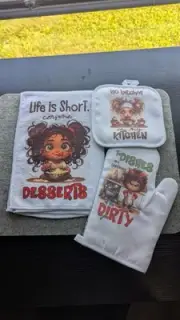 Cute And Funny Kitchen Towel, Oven Mitt, and Potholder Set