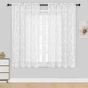 DWCN White Floral Lace Sheer Curtains - Rod Pocket Window Voile Sheer Drapes for Bedroom Kitchen Short Curtains 52 x 45 inch Length, Set of 2 Curtain Panels