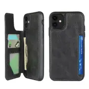 For iPhone 11, Black Genuine Leather ID Credit Card Slot Wallet Flip Case Cover