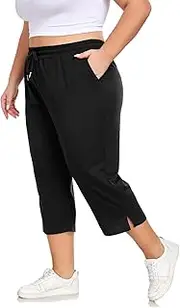 [ForHailey] Plus Size Capri Pants for Women Loose Fit Yoga Pants with Pockets Workout Activewear Sweatpants