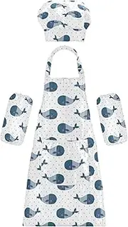 AIXIWAWA Kids Apron Chef Hat Set, Child Kitchen Bib Aprons Adjustable for Cooking Baking Painting (Cute Cartoon Whales)