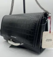 Stunner! Alexander McQueen The Story Black Leather Croc Shoulder Bag 631473 NWT