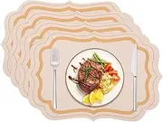 Placemats Faux Leather Table Mats Set of 4, Heat-Resistant Waterproof Non-Slip Washable Place Mats for Kitchen Dinning Table, PU Table Mats (Beige+Yellow Edges)