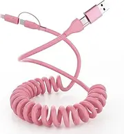 Coiled USB C to C and Lightning Cable 4 in 1 Multi USB Coiled iPhone Cable for Car 3FT Car Charger Cord 60W Fast Charging Cord for iPhone 15 14 13 12 11 Galaxy Support Carplay Android Auto - Pink