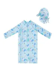 [Big Softies] Long Sleeve Rashie with Swim Hat-Whale in Light Blue