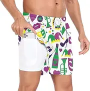 [GuoChe] Swimming Trunks for Men Men 2 Layer Workout Shorts Mardi Gras Carnival Colorful Fat Tuesday with Compression Liner