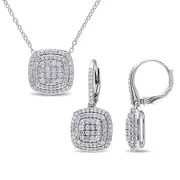 Amour Sterling Silver Diamond Halo leverback Earrings, Pendant & Chain Set