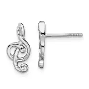 Sterling Silver Rhodium-Plated Cz Treble Clef Post Earrings