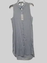Eileen Fisher Chambray Blue Sheer Organic Cotton Mandarin Collar Shirt Dress S