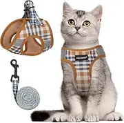 Cat Harness and Leash Set for Walking Escape Proof, Adjustable Easy Control Harness for Medium Large Small Cats with Reflective Strips - Brown, S