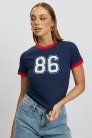 Blue Graphic Tee Short Sleeve Contrast Binding - Size XXS, Women's Graphic Tee