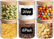 ComSaf Airtight Glass Food Storage Jars Set of 6, 20oz/600ml Clear Glass Food Storage Container with Sealing Bamboo Wooden Lid, Stackable Spice Jar, Round Kitchen Canister for Sugar, Tea, Coffee bean