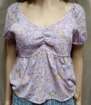 Pink Rose Women's Med Lilac Purple Floral Pullover Stretchy Short Sleeve Top NEW