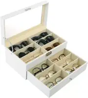MyGift 12 Slot White Sunglasses Display Case with Glass Lid and Leatherette Trim