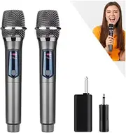 HUACAM 2.4G Wireless Microphone，Dual Microphones for Karaoke, Wireless Dynamic Microphone with Rechargeable Receiver,Plug and Play，Suitable for Speech,Wedding,PA System