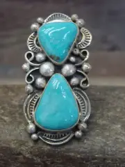 Navajo Adjustable Sterling Silver Turquoise Ring Size 10.5 to 11.5 - Albert C...