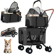 Double Pet Stroller for Dogs and Cats: Dog Stroller Foldable Travel Carriage with Detachable Carriers, Safety Belts, and 4 Lockable Wheels for Small to Medium Pets – Ideal for Multi-Pet Homes (Black)