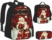 3 Pcs Set Backpack,Waterproof Laptop, Insulated Lunch Bag & Pencil Case Pouch, Fashionable,Cute,Red Rose, Merry Christmas Santa Claus, One Size