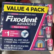 FIXODENT ADVANCED MAX HOLD DENTURE ADHESIVE CREAM 4 TUBES 2.2-OZ (62.4g) EA