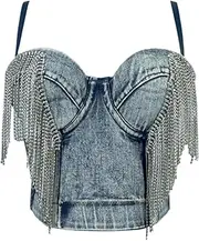 [DILINBAO] Women's Fashion Tassel Rhinestone Denim Bustier Crop Top Sexy Spaghetti Straps Backless Y2K Club Camisole Bra Top