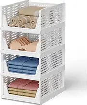4 Pack Stackable Plastic Storage Basket, Closet Organizer Bin Foldable Clothes Wardrobe Organizer Storage Box Drawer Shelf Container for Living Room Bathroom Kitchen Office