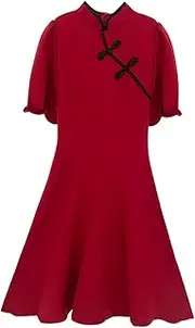 [Hellery] Women's Midi Dress Casual Qipao Fashion Mandarin Collar Swing Dress for Wedding