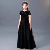在飛比找蝦皮商城精選優惠-（尺寸150）出清 女童黑色洋裝 長款緞面表演洋裝 黑色亮片