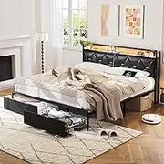 Levede Double Bed Frame,Metal Bed Frame with Storage,RGB LED Lights, USB Charging, PU Leather Upholstered Headboard, 2 Drawers,12 Metal Slats Support, Easy Assemnly Platform Bed, Black
