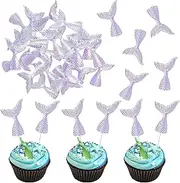 Ephlyn 24Pcs Mermaid Tail Cake Cupcake Toppers Acrylic Mermaid Cupcake Toppers Mini Mermaid Tail Figures Cake Decorations Glitter Mermaid Tail for Mermaid Party Baby Shower Party Supplies Purple