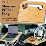 2 in 1 Steering Wheel Tray – Car tay & Food Table – Car Essentials Double-Sided Bamboo Car Desk for Laptop, Eating & Reading – Fits up to 17" Laptop – Size 17 * 15