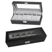 6 Slot Leather Watch Box Display Case Organizer Glass Jewelry Storage Black
