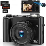 4K Digital Camera for Photography Dual 64MP 16X Digital Zoom Autofocus Vlogging 2.8" Screen Compact Travel Camera with 32GB SD Card,Anti-Shake,Flash