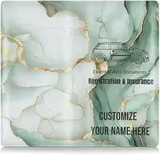 Custom Premium Leather Registration and Insurance Card Holder Personalized Men Women Glove Box Compartment Organizer for Cards, Essential Document Driver License Marble White Sage Green