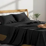 LINENOVA 4 Piece Queen Bed Sheet Set- 1200TC Ultra-Soft Microfibre Bed Sheets - Fitted Sheet & Flat Sheet & 2 Pillowcases- Wrinkle, Fade, Stain Resistant - Deep Pocket (Black, Queen)