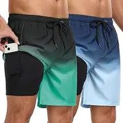 [ATOFY] Mens Swim Trunks with Compression Liner 7 Inch 2 Pack Swim Shorts 2 in 1 Quick Dry Board Shorts Beach Wear, Blue02+green02, Small