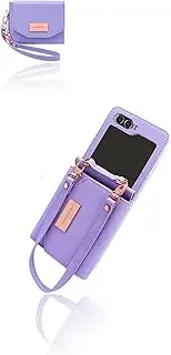 Leather Wallet Case for Samsung Galaxy Z Flip 4 5G, Zipper Wallet with Wristlet Strap & Hinge Protection, Stylish Handbag Phone Cover Women (Purple)
