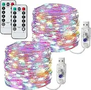 Fairy Lights for Bedroom, [2 Pack] 100 LED Lights W/ 8 Mode USB Powered, Twinkle Icicle Festoon String Lights W/Remote & Timer for Indoor Xmas Party Wall Wedding Home décor Products(Colourful)