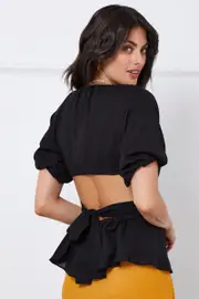 Black Peplum Blouse Short Sleeve Linen - Size 10, Women's Peplum
