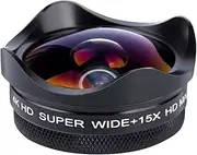 4K Smartphone Camera Lens 0.45X Wide-Angle 15X Macro Phone Lens with Universal Clip Compatible with iPhone Samsung Smartphones