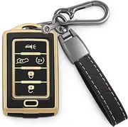 for Jeep Key Fob Cover with Keychain TPU Car Key Case Shell 360 Degree Protection fit for 2021-2023 Jeep Grand Cherokee/Grand Cherokee L/Wagoneer/Grand Wagoneer 5 Buttons Smart Key.(A Black)