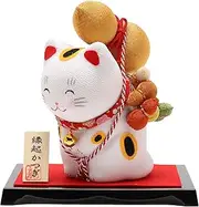 Fujiki Crafts Industry Lucky Beckoning Cat with Six Gourds - Wealth, Prosperity & Good Health, Traditional Japanese Home & Office Decor, Unique Gift & Feng Shui Charm - White