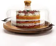 NWK Wood Cake Stand with Acrylic Dome Lid 360° Rotatable 11 Inch Acacia Wooden Cake Plate with Base Wood Cake Turntable with Clear 282(Ø) x 115(H) mm Cover for Birthday, Wedding, Party.