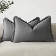 Set of 2 Decorative Linen Fringe Lumbar Throw Pillow Covers Boho Farmhouse