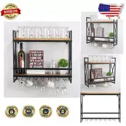 Rustic Wall Mounted Wine Rack with Stem Glass Holder - 2-Tier Industrial Design