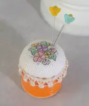 Mini Cross Stitch Floral Bouquet Spool Pincushion Repurposed Lip Gloss Container